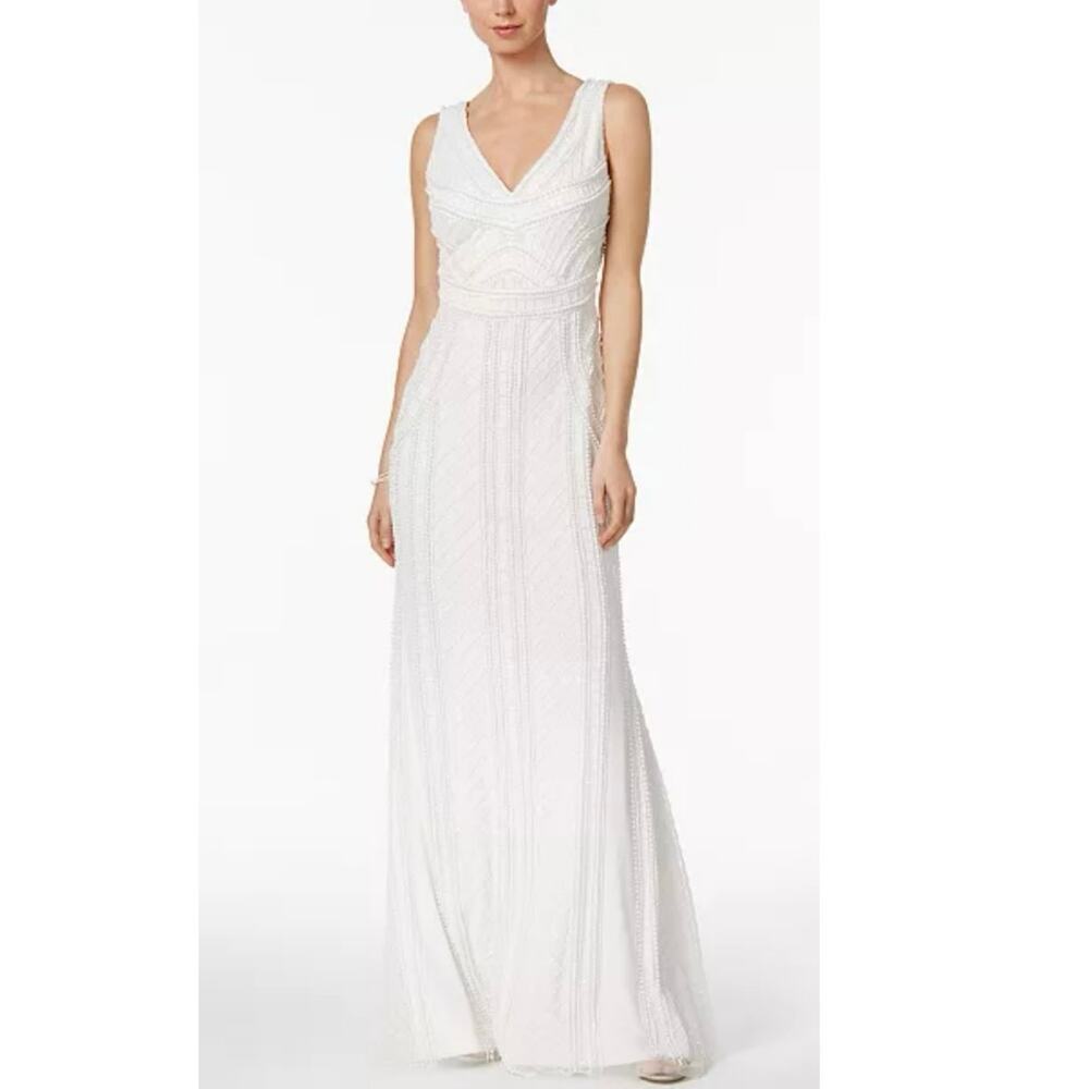 Adrianna Papell White formal wedding bride allover sequin beaded Gown Dress SZ 2